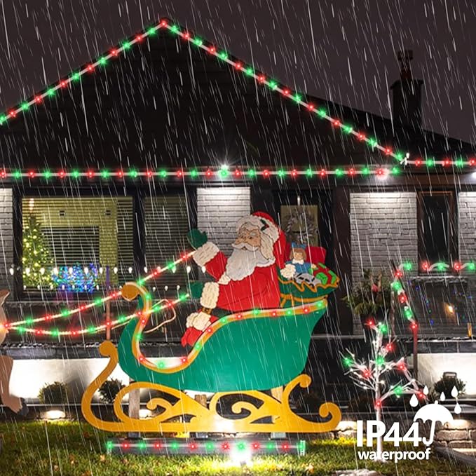YEGUO Solar Christmas Lights Outdoor Waterproof, 2 Packs Each 33ft 100 LED Rope Lights, 8 Modes Fairy String Lights in Clear Thin Tube for Camping Fence Patio Garden Trampoline Deck(Red and Green)