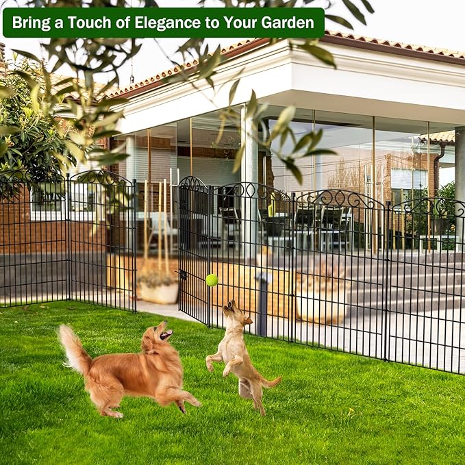 12 Panel No Dig Decorative Garden Fence with Gate - 42in H x 25.67 ft L, Tall Animal Barrier for Dogs Rabbits, Rustproof Metal Wire Panels for Yard, Patio, and Outdoor Border Use