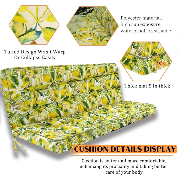 Swing Replacement Seat Cushions, 2-3 Seater Bench Cushions for Outdoor Furnitur with Backrest, Garden Recliner Seat Cushions Waterproof Sofa Pads (Botanical Yellow, 63x40in)