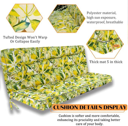 Swing Replacement Seat Cushions, 2-3 Seater Bench Cushions for Outdoor Furnitur with Backrest, Garden Recliner Seat Cushions Waterproof Sofa Pads (Botanical Yellow, 63x40in)