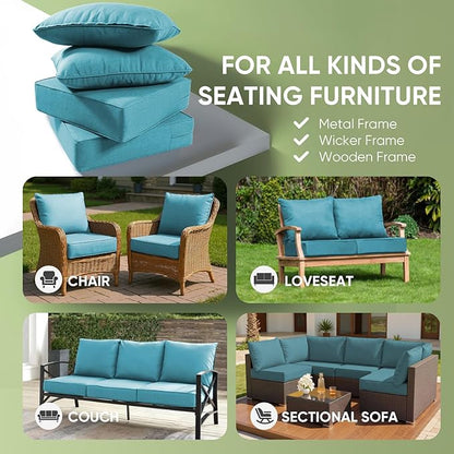 Outdoor Chair Cushions Set of 2, Waterproof 24x24 Patio Chair Cushions, 6" Thickened Seat Cushion for Outdoor Furniture, Couch Cushion Replacement, Include 2 Back & 2 Seat Cushion, Thick/CyanBlue