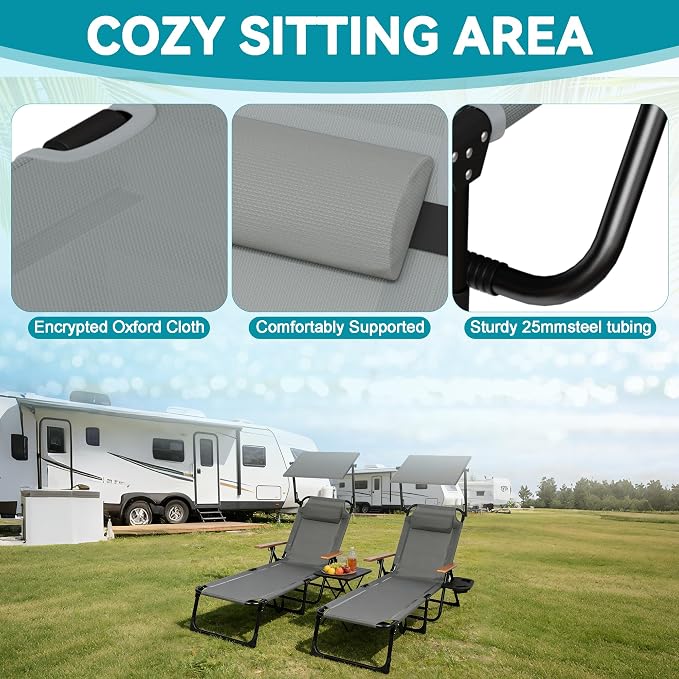 Beach Lounge Chair with Sun Shade, Folding Outdoor Chaise Lounge Chair with Arms, 4-Position Backrest, Extended Sun Tanning Chair Pillow & Cup Holder, Patio Lounger for Outside for Beach Pool(Gray-U)