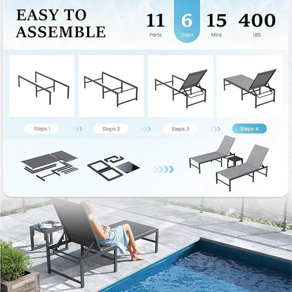 UDPATIO Chaise Lounge Chair Patio Pool Lounge Chair Outdoor with 5 Position Adjustable Backrest Poolside Sunloungers Lay Flat Sunbathing Chaise with Backrest for Patio, Beach, Yard, Pool(Gray)