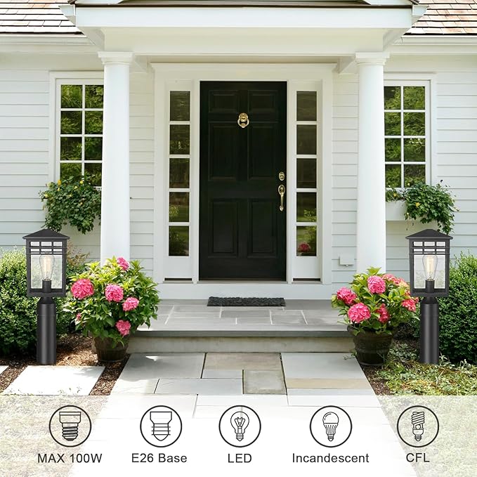 Outdoor Post Light Fixture, Modern Exterior Pillar Lantern with Black Finish & Seeded Glass, Pole Light for Garden, Backyard, Courtyard, Patio, Porch, RZ009-P BK