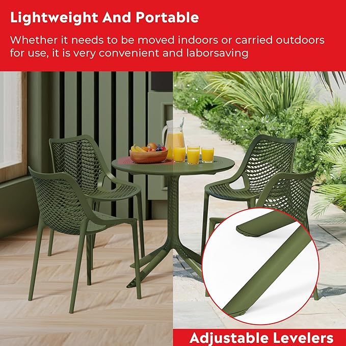 Costaelm Dining Table for 4 with Chair, HDPE Patio Round Dining Table and Stackable Chair, Outdoor Patio Furniture All Weather for Backyard Porch Poolside, Olive Green