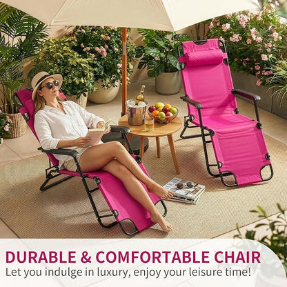 Outvita Folding Chaise Lounge Chair, Outdoor Adjustable Recliner Chair with Pillow for Camping, Beach, Poolside, Garden, Backyard, Lawn