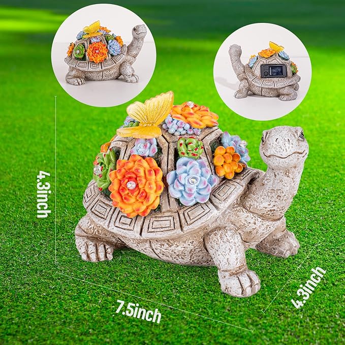 Solar Garden Outdoor Statues with Succulent and 7 LED Lights - Lawn Decor Tortoise Statue for Patio, Balcony, Yard Ornament - Unique Housewarming Gifts (Gray Turtle)