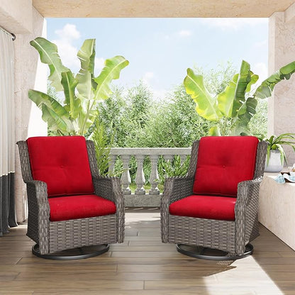 Swivel Patio Chair Outdoors - 360 Degree, Set of 2, Glider Chair with 3.5" Olefin Fabric Cushions (Mixed Grey Rattan/Red)