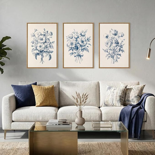 KAIRNE Navy Blue Floral Framed Canvas Wall Art Set,Vintage Botanical Flower Wall Decor,Modern Minimalist Bouquet Art Prints,Neutral Rose Artwork for Living Room,Bedroom,Farmhouse,Office-16 x24 x3
