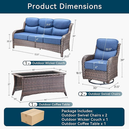 Luxury High Back Outdoor Furniture with 6-Inch Thick Cushions, Patio Furniture Set with Swivel Chairs, 4 PCS Wicker Conversation Set for Porch, Balcony, Deck and Yard