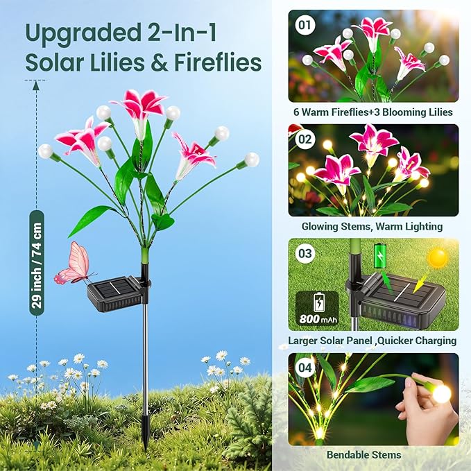 WdtPro Upgraded Solar Garden Lights Outdoor: 8 Pack 2-in-1 Solar Firefly Swaying Light with Lily Flower and Glowing Stem, Waterproof Garden Decor for Yard Patio Pathway Lawn, Gardening Gifts for Women