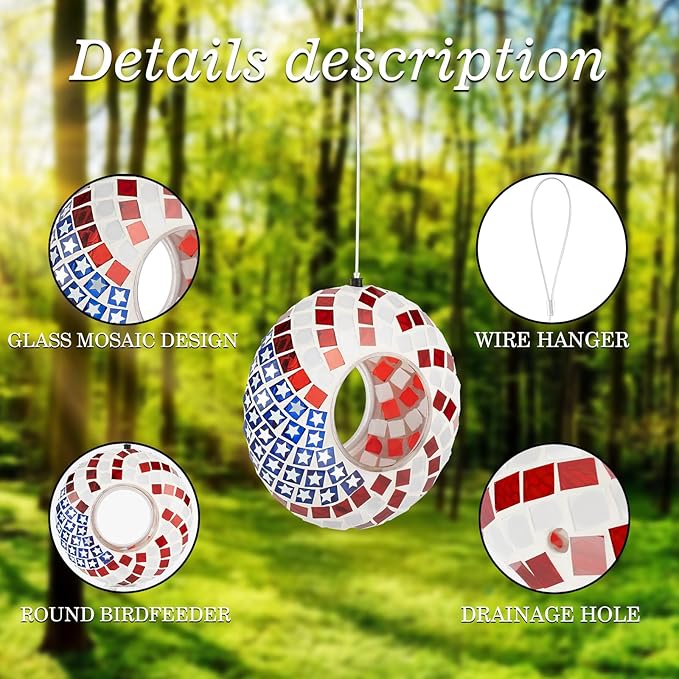 Backyard Expressions Hanging Glass Bird Feeder - Patriotic - Fly Through Bird Feeders for Outside, Mosaic Bird Feeder, Round Shape Wild Birdfeeder