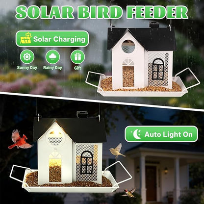 Solar Bird Feeder for Outdoors – White Metal Hanging Bird Feeder with Solar Light, Decorative Bird House Feeder for Cardinals, Finches, and Wild Birds, Weatherproof Backyard Garden Decor