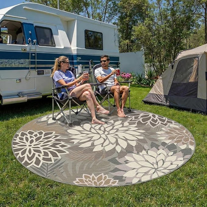 6x6 Outdoor Area Rug Washable Multicolored Patio Rug Tropical Botanical Floral Chenille Waterproof Outdoor Carpet for Living Room, Deck, Backyard, Porch, Taupe