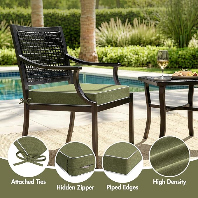 MIULEE Green Outdoor Chair Cushions Set of 2, 19x19x3 Inch Waterproof Patio Seat Cushions for Outdoor Furniture Couch Sofa, 3 Year Color Fastness High Density Foam with Adjustable Ties