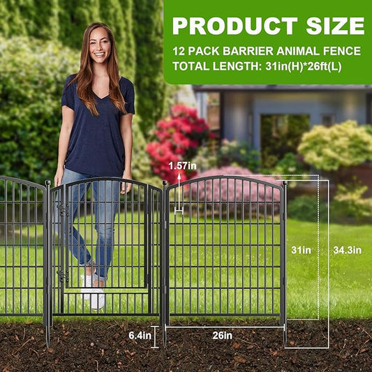 31in(H) x 26ft(L) No Dig Decorative Garden Fence with Gate, 12 Panels Rustproof Animal Barrier Metal Dog Fence Outdoor for Yard, Patio, Temporary Garden Fencing with Ground Stakes