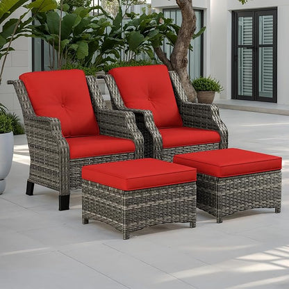4 Piece Patio Furniture Set, 2 Chairs and 2 Ottomans PE Wicker Footstool, Outdoors Rattan Conversation Set with Deep Seating and Olefin Cushions, for Backyard, Garden, Red