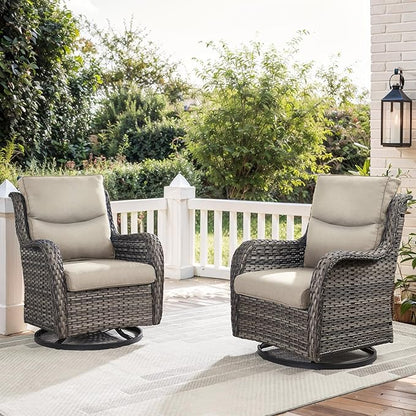 Patio Swivel Chair Set of 2, Resin Wicker Swivel Patio Glider Chairs with Smile-Shaped Cushions, High Back Luxury Swivel Patio Chairs for Outdoor, Brown Wicker|Beige Cushions