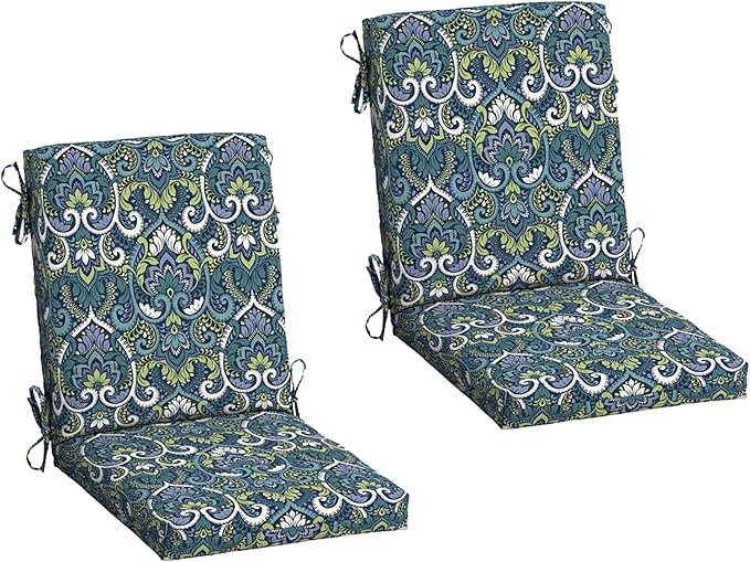 Arden 2-Pack Outdoor Patio Dining Chair Cushion, 20x44, Rain-Proof Seat Pad, Fade-Resistant Outdoor Cushion Sapphire Aurora Blue Damask