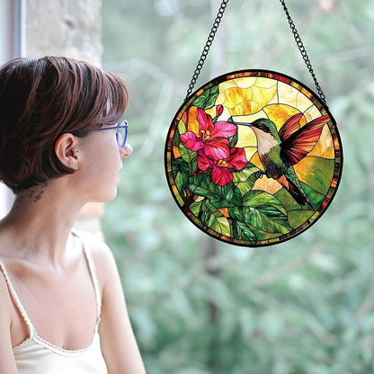Stained Glass Suncatcher, Hummingbird Red Flowers Green Leaves Sun Catcher Stain Glass Window Hanging Decoration Mother's Day Birthday Gifts for Bird Lover Women Men Mom Nana 6.3 in