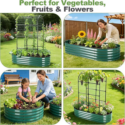 Raised Garden Bed with Arched Trellis, Galvanized Raised Garden Bed with Netting Plant Ties Gloves Trowel, Metal Planter Box Outdoor Drainage Design for Gardening Climbing Plant Vegetable Flower Fruit