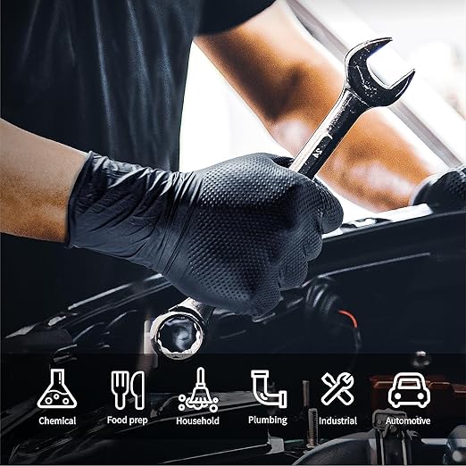 10mil Nitrile-Gloves Disposable-Black Chemical-Resistant Rubber - Mechanic Gloves Heavy Duty, Latex Free, Diamond Grip (500, Medium)