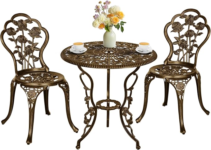 3 Piece Patio Bistro Table Set, Outdoor Stylish Rose Flower Bistro Set with Umbrella Hole, Small Cast Aluminum Table and Chairs Set for Balcony Furniture, Dark Bronze