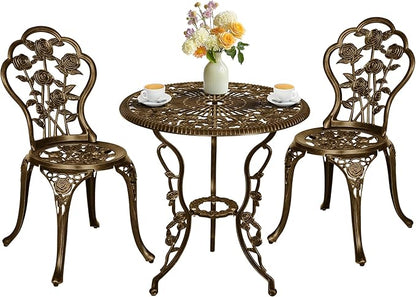3 Piece Patio Bistro Table Set, Outdoor Stylish Rose Flower Bistro Set with Umbrella Hole, Small Cast Aluminum Table and Chairs Set for Balcony Furniture, Dark Bronze