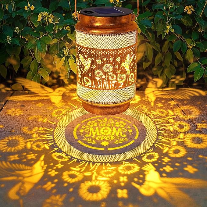 Gifts for Mothers Day Mom, Mom Gift Solar Lanterns Outdoor, Birthday Gift from Daughter Son, Metal Solar Hanging Hummingbird Lights with Shepherd Hook for Outside Garden Yard Patio Pathway (2 Pack)