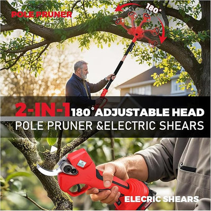 2-in-1 Pole Pruning Shears,1.2" Cutting Diameter,Cordless Electric Pruning Shears with Extension Pole,2×2.0Ah Battery Powered Pruner for Tree Trimming (2 Set Blades&Battery Charger Included)