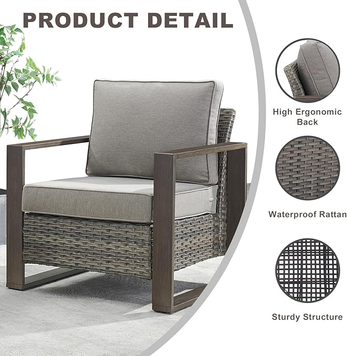 3 Piece Wicker Patio Furniture Set,Patio Bistro Set with 2 Rattan Armrest Chairs and 1 Side Table,Sturdy Frame,All-Weather PE Wicker,Wide Armrest,Deep Seating and Thick Cushions(Mixed Grey/Grey)