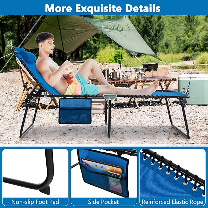 Giantex Patio Lounge Chairs for Outside - Folding Tanning Chair w/Headrest, 4 Adjustable Positions, Side Pocket, Outdoor Chaise Lounge for Camping, Pool, Sunbathing Beach Chair, Navy