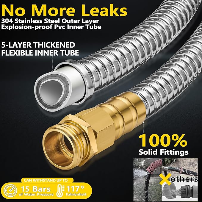 50 ft Stainless Steel Garden Hose - 2026 New Technology Metal Water Garden Hoses with 3/4" Solid Fitting - Lightweight,Ultra Flexible,Durable,Kink-Less Watering Pipes Garden Hoses For Yard, Outdoor