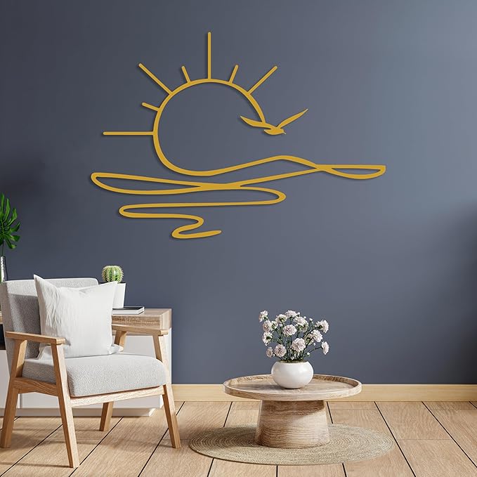 Sunrise Metal Wall Art, Sunset Metal Wall Decor for Living Room, Sunshine Line Art Home Decor Outdoor Indoor, Sun Design Modern Artwork for Walls, Abstract Sunset Wall Decor, Housewarming Gifts