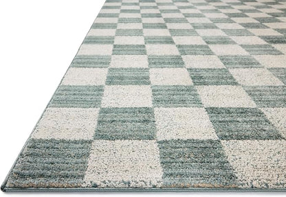 Loloi Chris Loves Julia Calvin Collection CLV-01 Blue/Ivory 2'-7" x 7'-6" Runner Rug Checkered Neutral Soft Living Room Bedroom Carpet