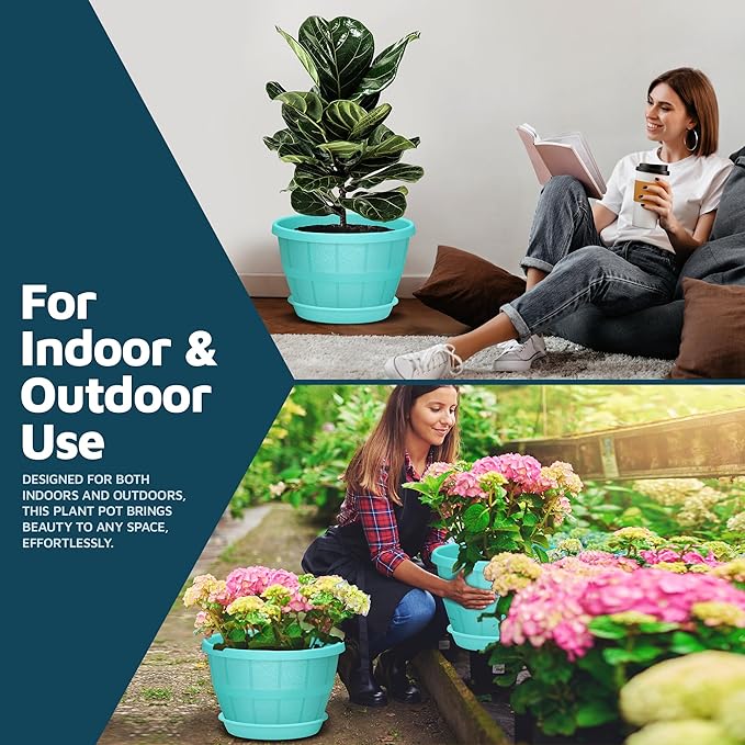10-Inch Whiskey Barrel Planters Outdoor Pack of 5 - Durable Plastic Plant Pots for Indoor & Outdoor Use with Drainage & Saucer, Lightweight Rustic Barrel Planters for Flowers, Herbs & Small Plants