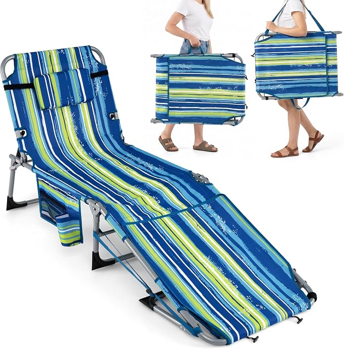 GYMAX Tanning Chair, 330LBS Beach Lounge w/Face Arm Hole & Hand Shoulder Strap, Folding Layout Sunbathing Chair, Face Down Outdoor Chaise Lounger for Patio, Poolside, Backyard (1, Blue Stripe)
