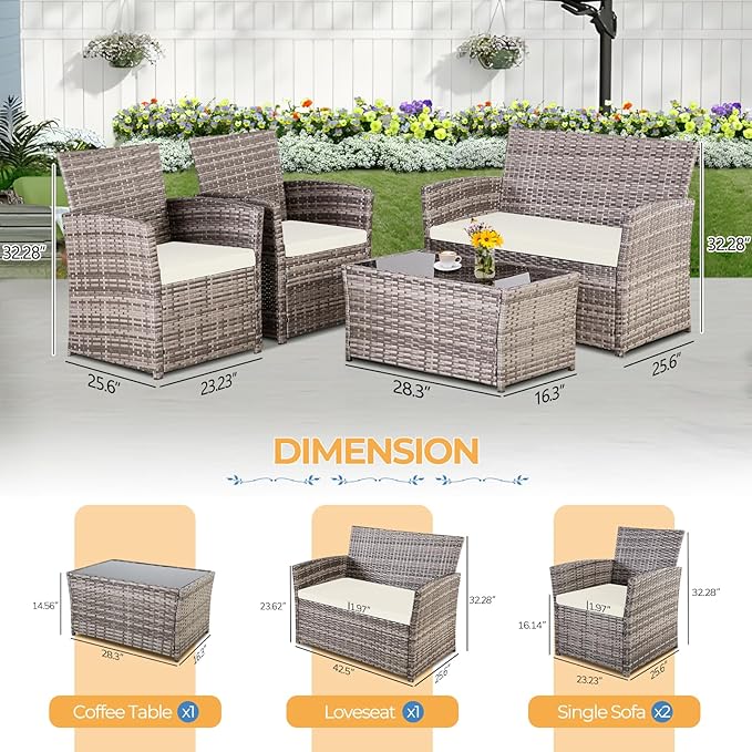 FHFO 4 Piece Outdoor Patio Furniture Sets, Wicker Sectional Conversation Sofa Set, Rattan Chairs Table Loveseat with Cushions for Outside Balcony Porch Backyard (Gray-Beige)