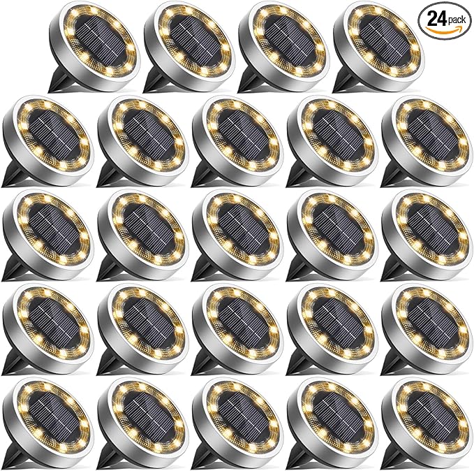 Solar Ground Lights,24 Pack Flat Solar Light Outdoor Waterproof, Bright LED Solar Disc Lights, 3000K Warm White Landscape Lighting for Outside Yard Garden Pathway Driveway Lawn