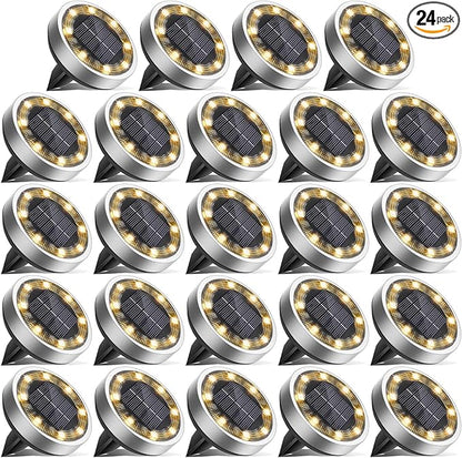 Solar Ground Lights,24 Pack Flat Solar Light Outdoor Waterproof, Bright LED Solar Disc Lights, 3000K Warm White Landscape Lighting for Outside Yard Garden Pathway Driveway Lawn