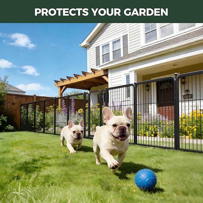 FXW Garden Fence Outdoor for the Yard – 24in(H) x 15.2ft(L) Heavy Duty Metal Animal Barrier for Dog, No Dig Decorative Dog Fence, 8 Panels, Black