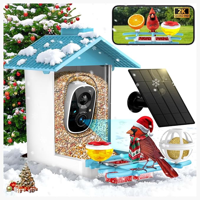 TayePin Bird Feeder with Camera Solar Powered & AI Identify 10,000+ Birds Species, 2.4Ghz WiFi Smart Feeding, 2K HD Live Video for Outdoor, IP65 Waterproof, Instant Arrival Alerts, Bird Lover Gifts
