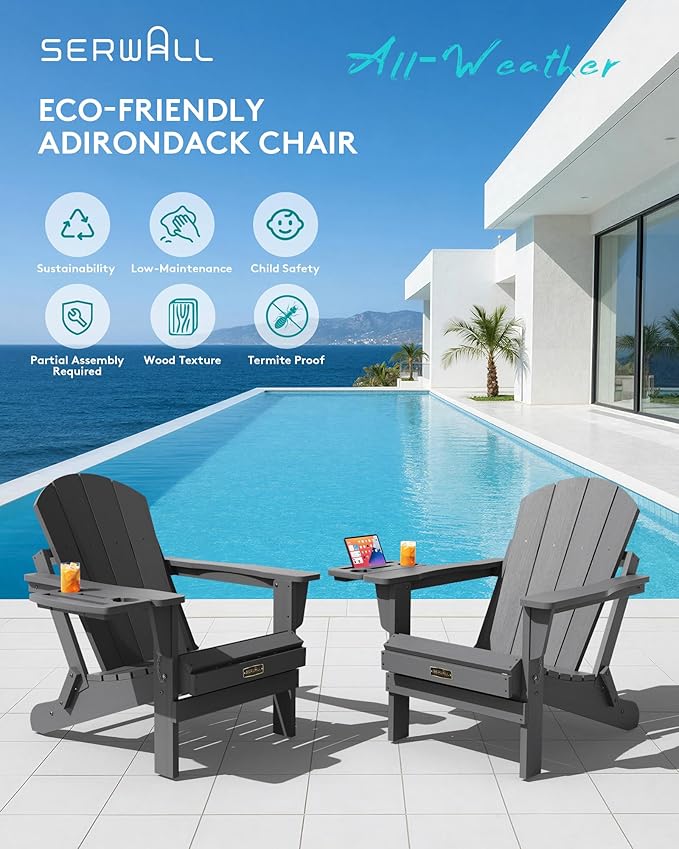 SERWALL Folding Adirondack Chair, Patio Adirondack Chairs with 4 in 1 Cup Holder, Weather Resistant Plastic Fire Pit Chair for Outdoor, Garden, Backyard, Deck - Blue