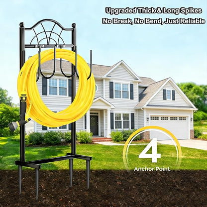 Garden Hose Holder,Upgraded Freestanding Hose Holder with 4 Spikes, Heavy Duty Metal Hose Reel,Sturdy Hose Stand Holds up to 100ft Hose for Outside,Yard & Lawn Garden,Black