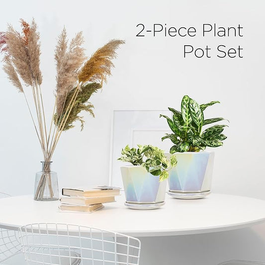 Coco Andrea Ceramic Plant Pots for Indoor Plants with Drainage & Saucers - 5-inch Iridescent White Planters for Houseplants, Succulents & Flowers - 2-Piece Housewarming Gift Set (2, Large)