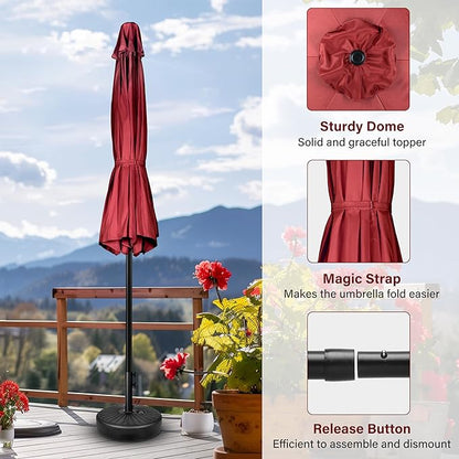 Simple Deluxe 7.5' Patio Umbrella with 20 Inch 50lbs Capacity Fillable Round Base, 6 Sturdy Ribs with Push Button Tilt/Crank for Garden, Deck, Backyard, Pool, Red and Black