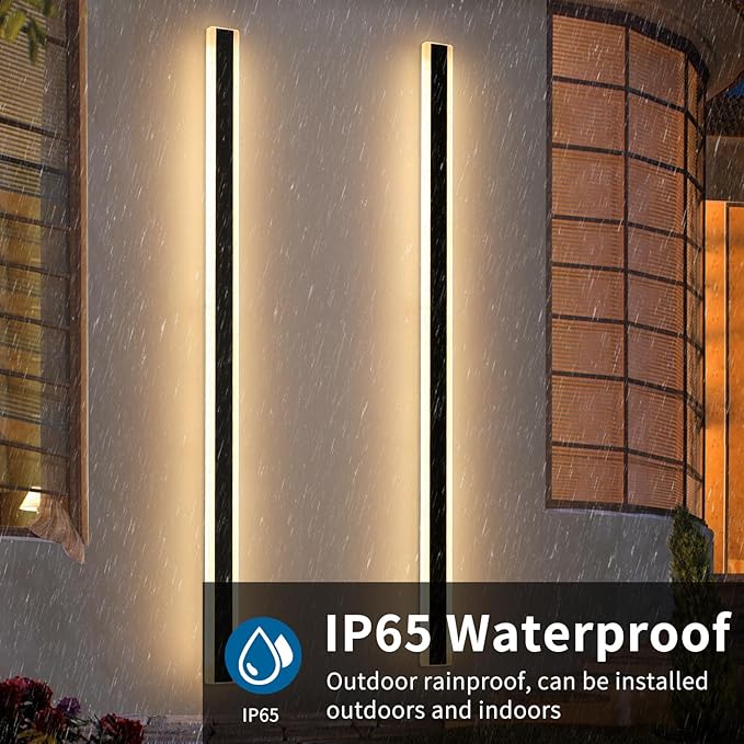 2 Pack Long Outdoor Wall Light, 71inch Modern LED Wall Sconce, 3 Color 3000K/4500K/6000K, 60W, IP65 Waterproof, Black Minimalist Exterior Lighting Fixture for Porch, Backyard, Garage, Balcony