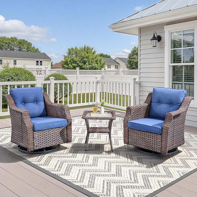 Patio Wicker Chairs Swivel Rocker-Outdoor Swivel Rocker Chair Set of 2 with All Weather Wicker Glider Rocker Set, PE Rattan Swivel Rocking Chair with Side Table for Yard Balcony Deck Porch Brown/Blue