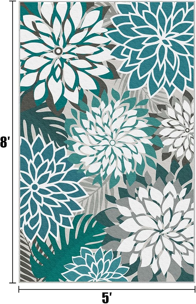 Colorful 5x8 Outdoor Area Rug Washable Multicolored Patio Rug Tropical Botanical Floral Chenille Waterproof Outdoor Carpet for Living Room, Deck, Backyard, Porch, Teal