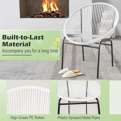 COSTWAY 3-Piece Outdoor Acapulco Chair Set, Wicker Conversation Bistro Sets with Plastic Rope, Glass Top Table, Patio Rattan Furniture Set for Garden, Balcony, Lawn, Backyard, Apartment, White